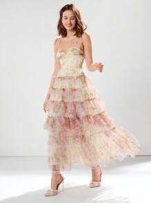 Enchnt 女士甜美浪漫，層疊荷葉邊夏季細肩帶連衣裙 - 粉色 - 查看 4