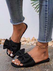 Women's 2025 Spring/Summer New Fashion Elegant Classic Outdoor Non-Slip Wear-Resistant Bow Slip On Open Toe Slide Sandals, Beach Resort Casual Slippers For Women - Black - View 6