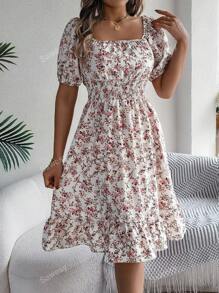 Women's Casual Vacation Puff Sleeve Drawstring Short Sleeve Ditsy Floral Dress, Spring/Summer