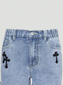 SHEIN Wildeya Dziewczęce spodenki jeansowe w stylu Y2K z haftem i postrzępionymi brzegami w luźnym kroju