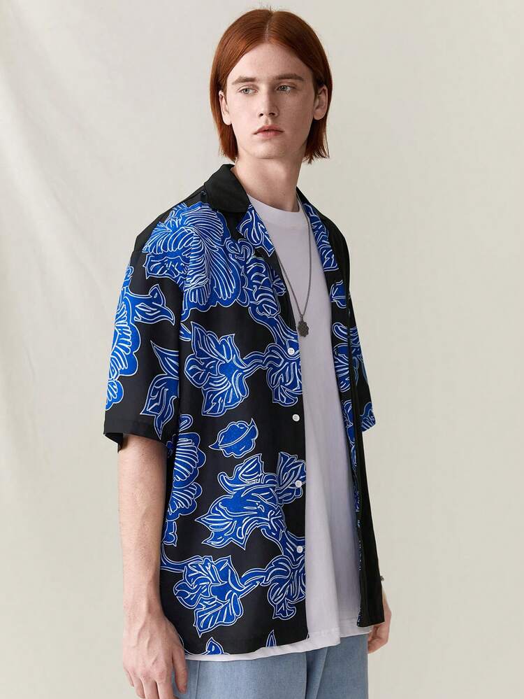 Men's Summer Casual Short Sleeve Shirt With Floral Print Patchwork