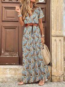 Fashionable Bohemian Floral Short Sleeve Long Dress - Brown - View 1