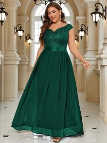 Đầm dạ hội cỡ lớn cổ tim đính sequin, phối ren và chiffon màu tương phản, thanh lịch cho dạ hội, đám cưới, lễ tốt nghiệp, lễ hội và các dịp trang trọng khác. - Màu xanh lá cây đậm - Xem 9