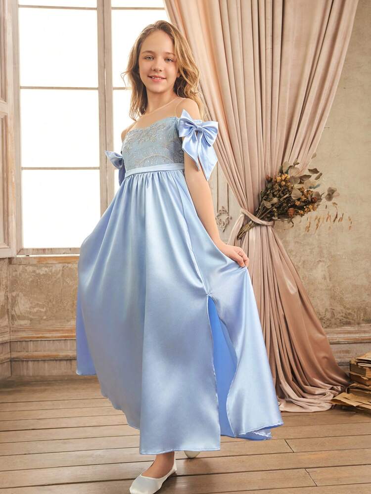 Tween Girls' Butterfly Decorated Off-Shoulder Short Sleeve Mesh Embroidery Patchwork Satin Dress