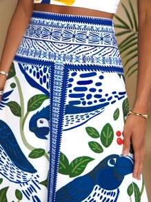 Travachic Urlaubs-Strick-Bedrucktes Crop Top & High-Waist Rock Damen 2-Teiliges Set, Hawaii Kleid - Blau-Weiß - Übersicht 5