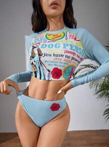 The Wizard of Oz X SHEIN 2pcs/Set Women Blue Long Sleeve Fashionable Comfortable Casual Swimwear Top And Pants Set - Blue - View 5