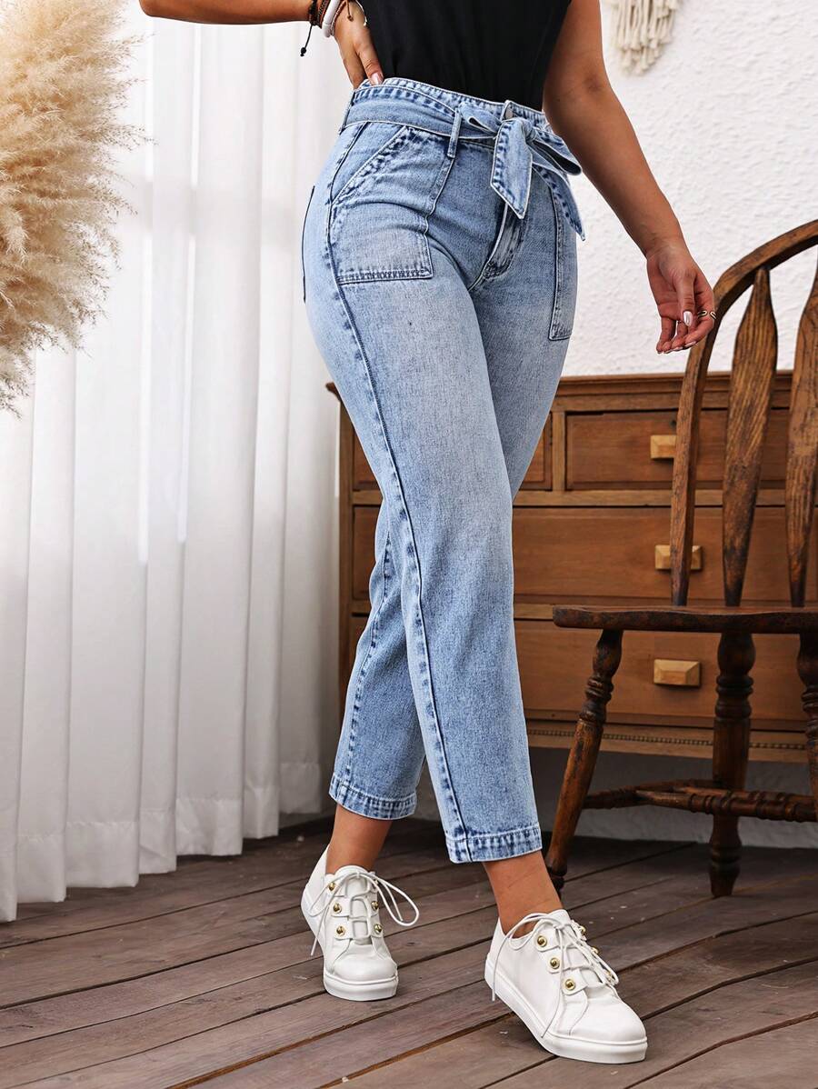 EMERY ROSE 大码女式腰带口袋牛仔休闲度假裤 - 中等水洗藍 - 查看 1