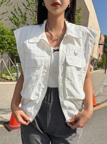 DAZY Áo khoác vest nhiều túi đơn giản, màu trơn, mặc hàng ngày dành cho nữ - trắng - Xem 5