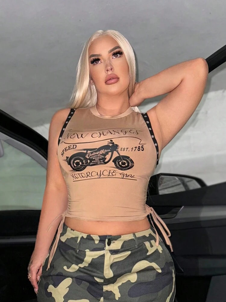 Plus Size Vintage American Motorcycle Printed Drawstring Ruched Tank Top