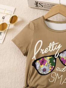 SHEIN Young Girls' Summer Casual Flower & Letter Printed Short Sleeve T-Shirt And Long Pants Set