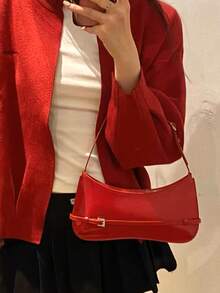 1 件红色女士时尚手提包，法式复古风格，单肩包，新月形和新法棍形状，适合约会和休闲场合 - 紅色 - 查看 6