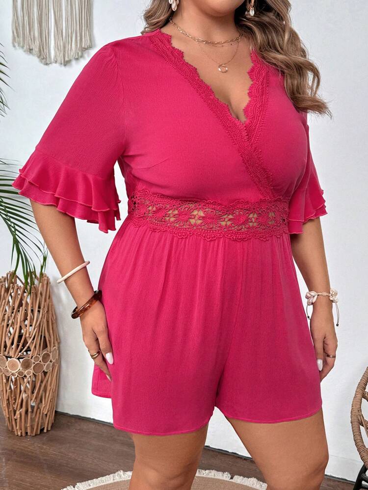 Plus Size Solid Color Contrast Lace Deep V-Neck Romper For Summer