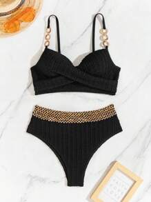 SHEIN Swim Women's Patchwork Ribbon Sexy Bikini Two-Piece Swimwear Set For Summer Beach Vacation - Black - View 5