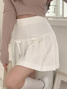 DAZY 女式纯色褶饰蝴蝶结腰带迷你裙秋季半身裙 - 白色 - 查看 1