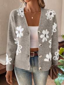 EMERY ROSE Cardigan quotidien simple à imprimé floral pour dames à la mode - Kaki - Voir 6
