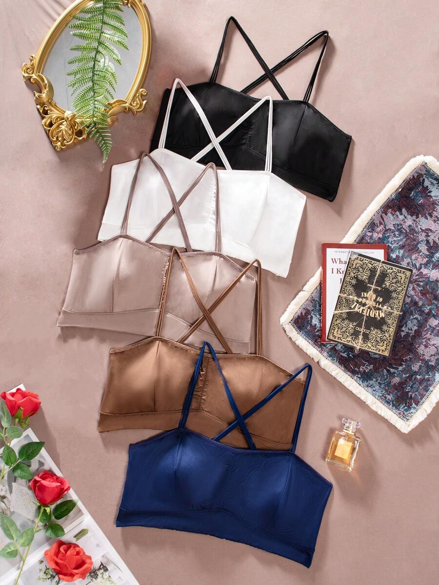 大尺碼時尚日常款十字背帶加厚型成型杯推進內衣，5入套裝 - 彩色 - 查看 1