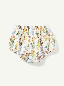 Cozy Pixies 嬰兒女孩植物花卉圖案方領荷葉邊上衣和褶邊短褲套裝 - 杏色 - 查看 2