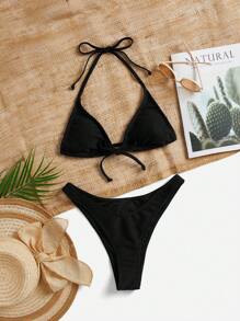 SHEIN Swim Women's Solid Color Halter Halter Sexy Bikini Set, Summer Beachwear - Black - View 1