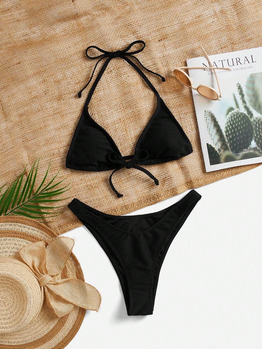 SHEIN Swim Women's Solid Color Halter Halter Sexy Bikini Set, Summer Beachwear - Black - View 1