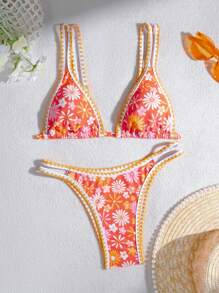 Women's Summer Beach Floral Printed Sexy Bikini Set, Random Print - Multicolor - View 1