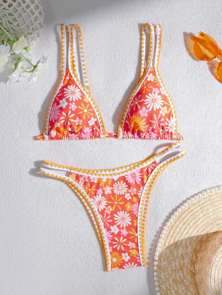 Women's Summer Beach Floral Printed Sexy Bikini Set, Random Print - Multicolor - View 1