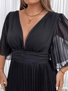 Celure Plus Size Women's Elegant Deep V-Neck Ruffle Short Sleeve Long Pleated Dress With Flowy Hem, Summer