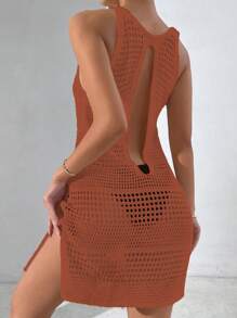 SHEIN Swim Áo choàng hở lưng không tay màu trơn đơn giản cho nữ mặc hàng ngày vào mùa hè - Gỗ đỏ - Xem 2