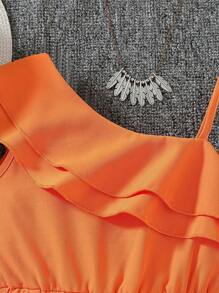 SHEIN Young Girls' Solid Color Asymmetrical Neckline Ruffle Lace Summer Sleeveless Romper - Orange - View 6