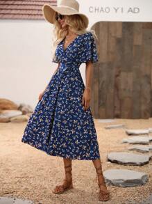 Breezaya Ditsy Floral Flutter Sleeve Overlap Collar Belted Dress - Navy Blue - View 3