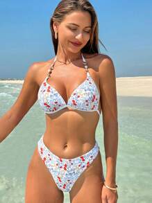 SHEIN Swim 2 szt. Zestaw bikini z usztywnianymi miseczkami i dekoltem typu halter z pełnym nadrukiem, wiązany na plecach w wakacyjnym stylu, letnia plaża - Wielokolorowe - Zobacz 1