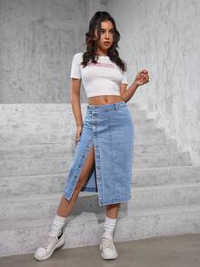 SHEIN PETITE Women's Side Button Slim Fit Denim Pencil Skirt - Light Wash - View 7