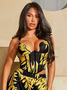 SHEIN SXY 有墊內置胸墊可拆卸內襯杯不可拆卸內襯女士假期熱帶植物印花不對稱擺緊身背心上衣 - 黑色 - 查看 4