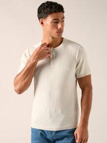 Manfinity VCAY Áo len dệt kim tay ngắn màu trơn cổ tròn một khuy dành cho nam, mùa hè - trắng - Xem 4