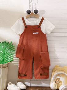 新款夏季時尚街頭風格嬰兒男童背帶連身褲，可調節肩帶，舒適無袖胸口口袋和不彈性貨褲 - 棕色 - 查看 1