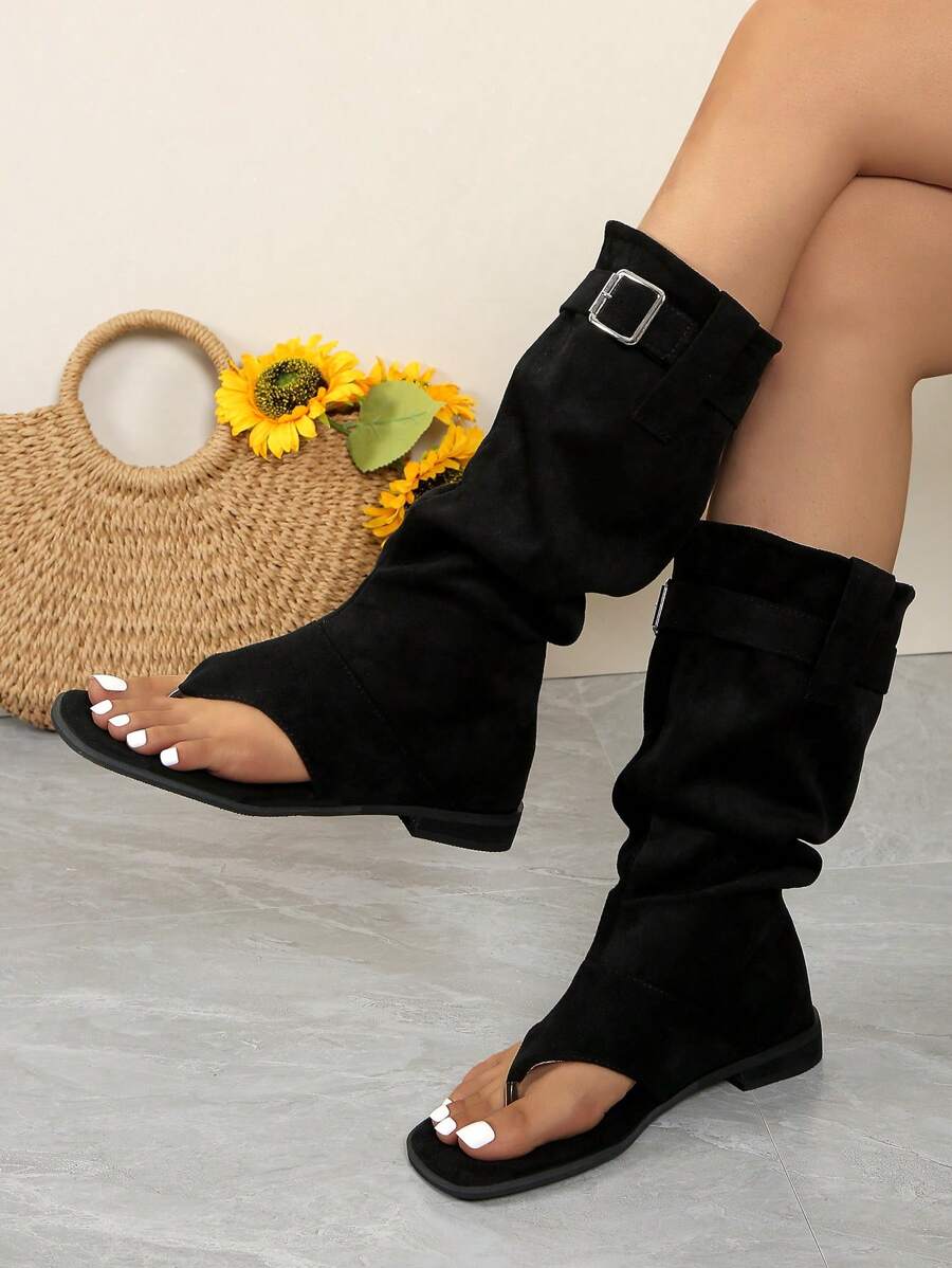 Fall/Winter Women's Dual-Use Peep Toe Suede Cowboy Boots With Pleated Design, Knee-High Boots For Bootcut Jeans And Sandals, Mid-Calf Boots