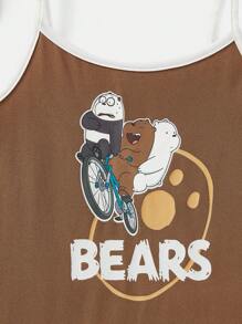We Bare Bears X SHEIN Tween Girl Carrtoon And Letter Graphic Ringer Cami Dress - Brown - View 8
