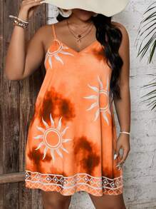 SHEIN VCAY Plus Size Boho Women's Summer Holiday Style V-Neck Spaghetti Strap Dress - Orange - View 4