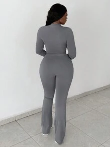 Slaydiva Women's 2pcs Casual Basic High-Stretch Slim Fit Long Sleeve Zipper Top And Pants Set With Letter Print - Grey - View 2