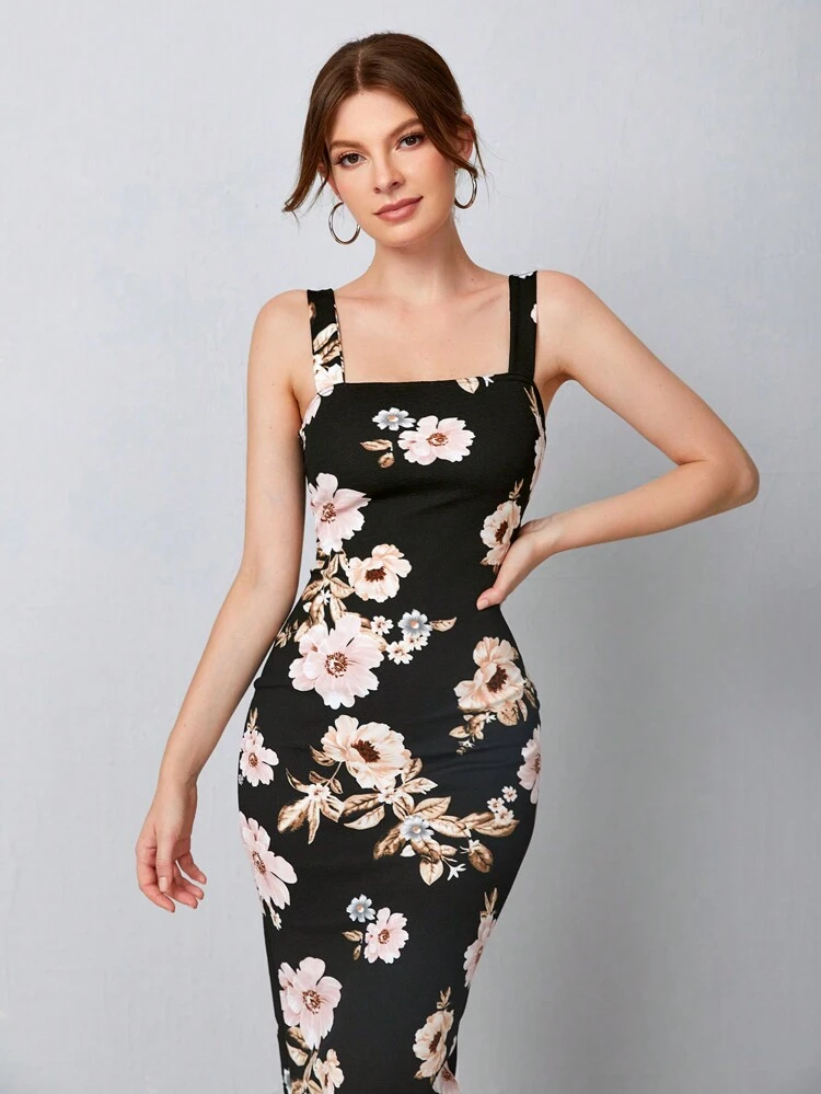 Split Hem Floral  Bodycon Dress