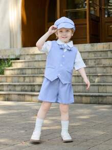 SHEIN Camicia bianca a maniche corte per bambini e gilet blu, vestito estivo a pantaloncini con elastico in vita blu, stile da gentleman, adatto per feste di compleanno, feste serali, spettacoli, matrimoni, battesimi e primi compleanni