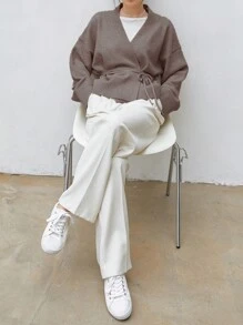 Dazy-Less Women's Casual Everyday Commute Simple Solid Color Dropped Shoulder Loose Wrap Tie Front Cardigan, Autumn/Winter Business Casual Woman - Khaki - View 2