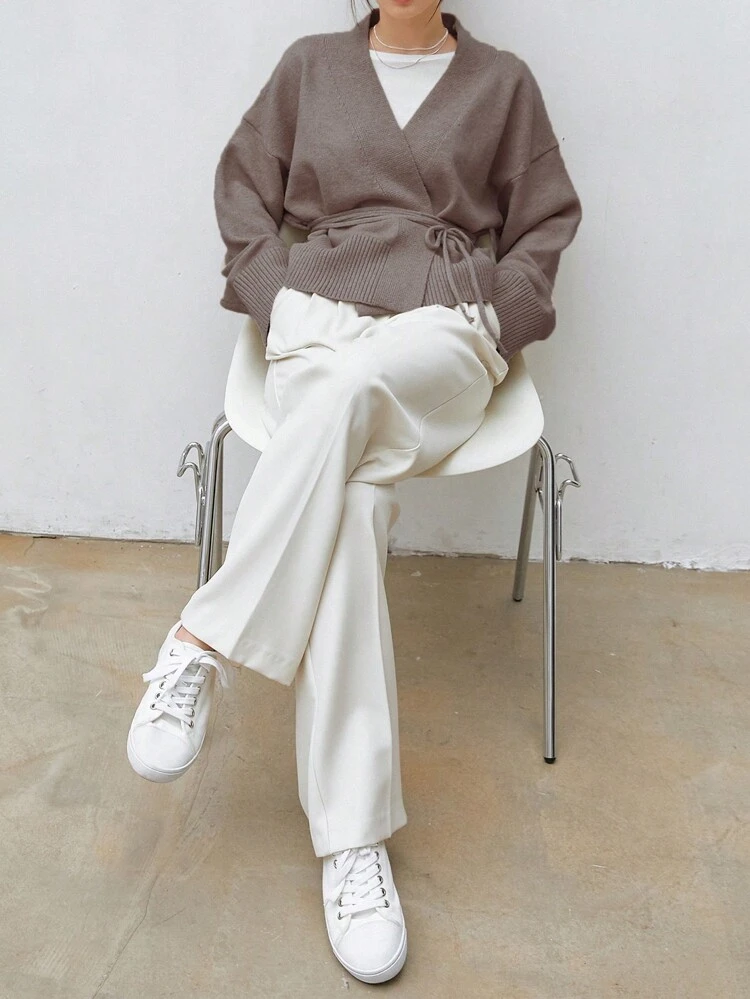 Women's Casual Everyday Commute Simple Solid Color Dropped Shoulder Loose Wrap Tie Front Cardigan, Autumn/Winter Business Casual Woman