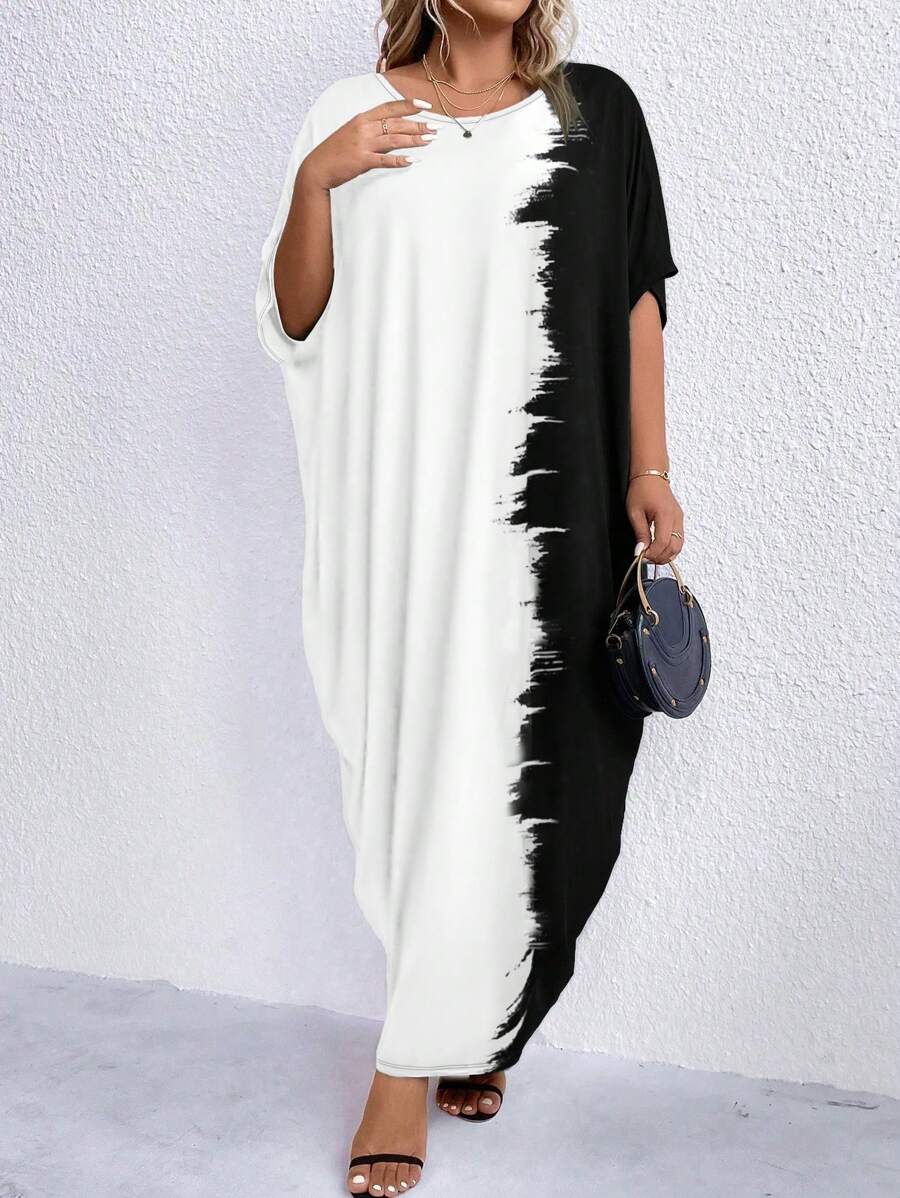 EMERY ROSE 大码女式拼色圆领连衣裙 女式长款服装 - 黑與白 - 查看 1