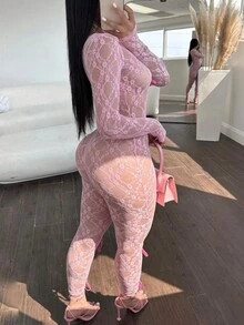 女士纯色蝴蝶结装饰紧身连体裤，简约日常穿着 - 粉色 - 查看 2