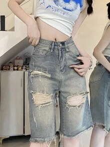 女士休閒牛仔短褲，帶有撕裂孔和毛邊邊緣，隨機線掛設計