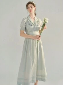 Simple Retro 女性刺繡蕾絲褶皺v領長裙 - 薄荷綠 - 查看 3