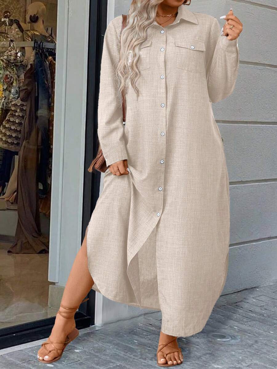 SHEIN LUNE فستان كاجوال بأطوال متنوعة، ذو لون أحادي على شكل قميص للإرتداء اليومي للنساء