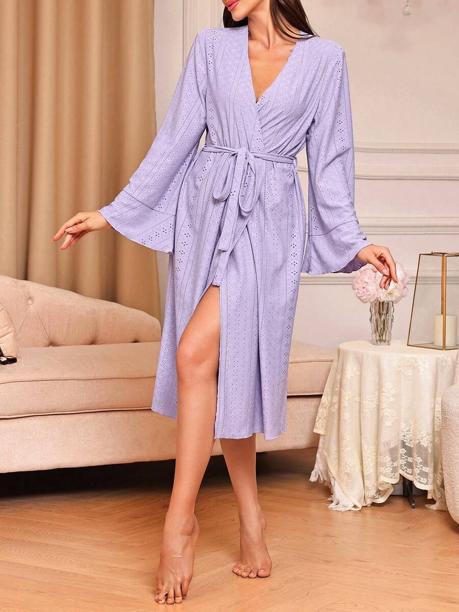 實色系女式腰帶家居長袍，配長袖 - 紫色 - 查看 1