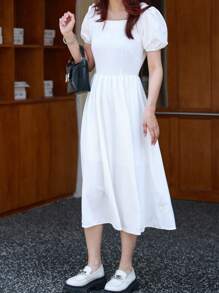 Vestido blanco para mujer con mangas abullonadas y cintura ajustada - Multicolor - Ver 6