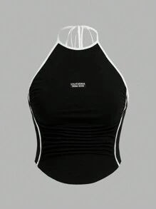 SHEIN ICON Plus 2pcs Contrasting Binding Striped Side Tie Halter Y2k Top (Pack Of 2), For Summer